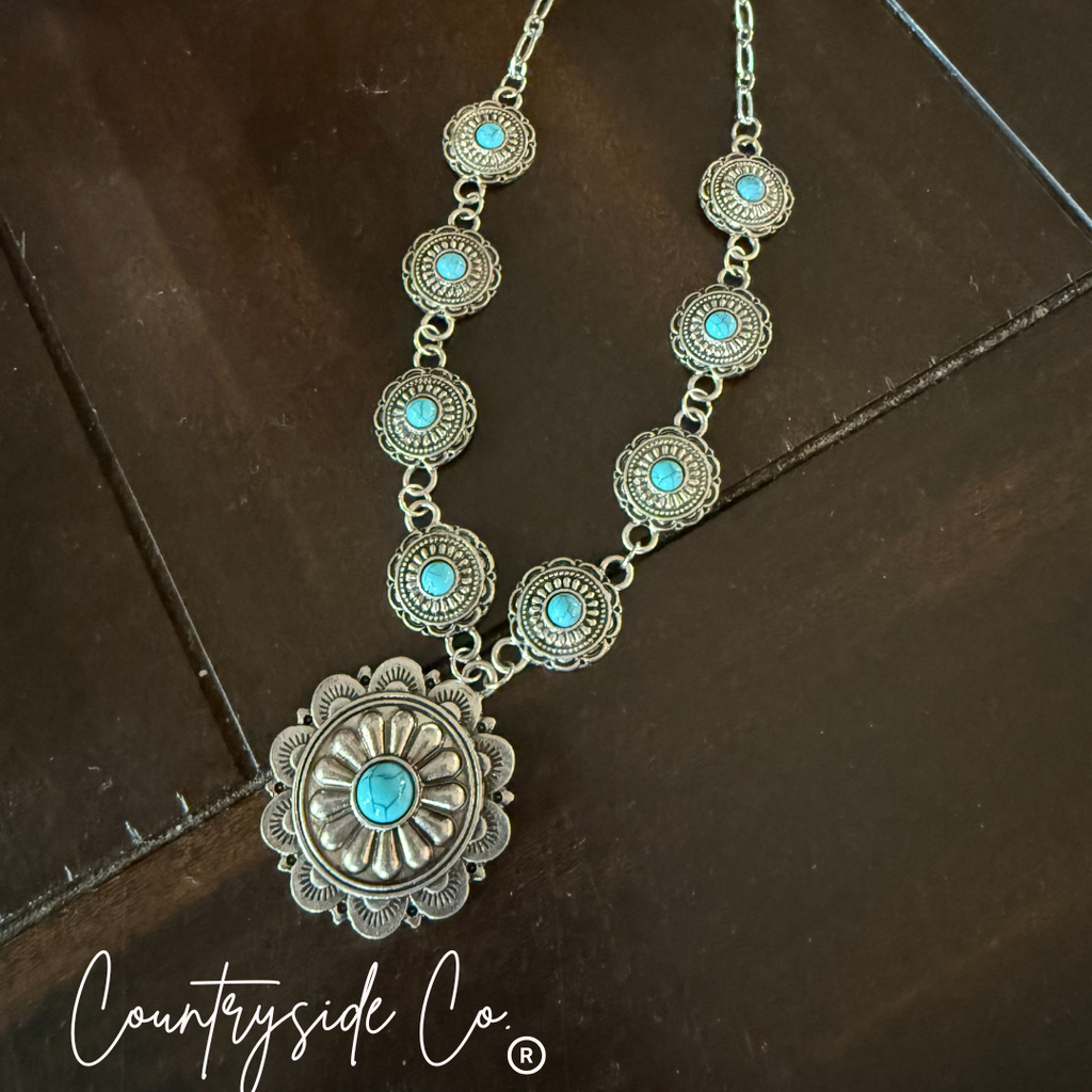 Concho Drop Necklace  Silver and Turquoise