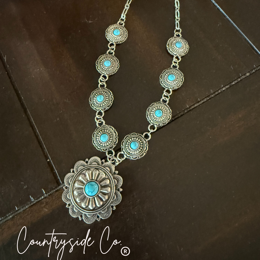 Concho Drop Necklace  Silver and Turquoise