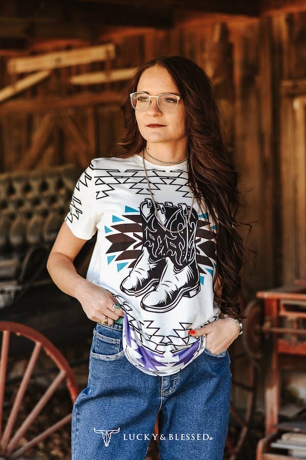 Ivory Boot Brown Aztec Printed Short Sleeve Top