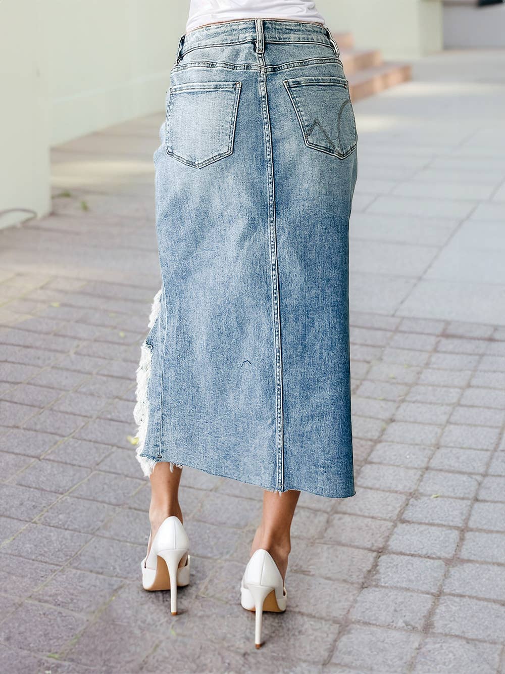 Distressed Bottom Denim Midi Skirt