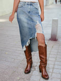 Distressed Bottom Denim Midi Skirt