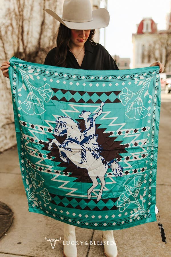 Teal Aztec Horse Printed Wild Rag