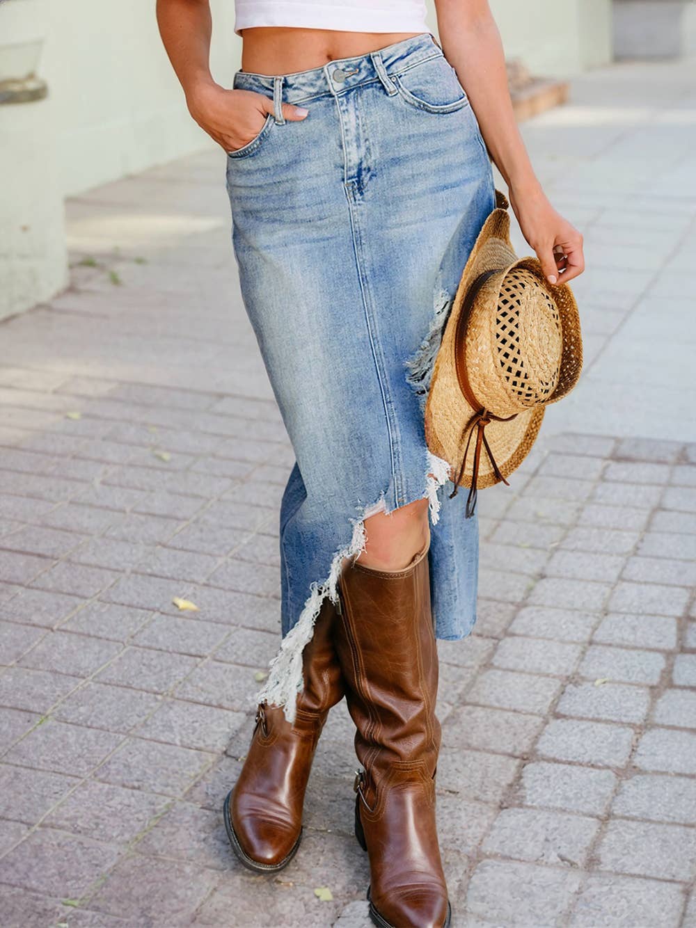 Distressed Bottom Denim Midi Skirt