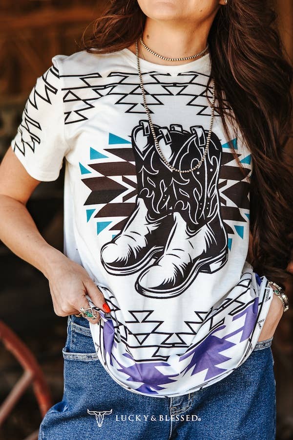 Ivory Boot Brown Aztec Printed Short Sleeve Top
