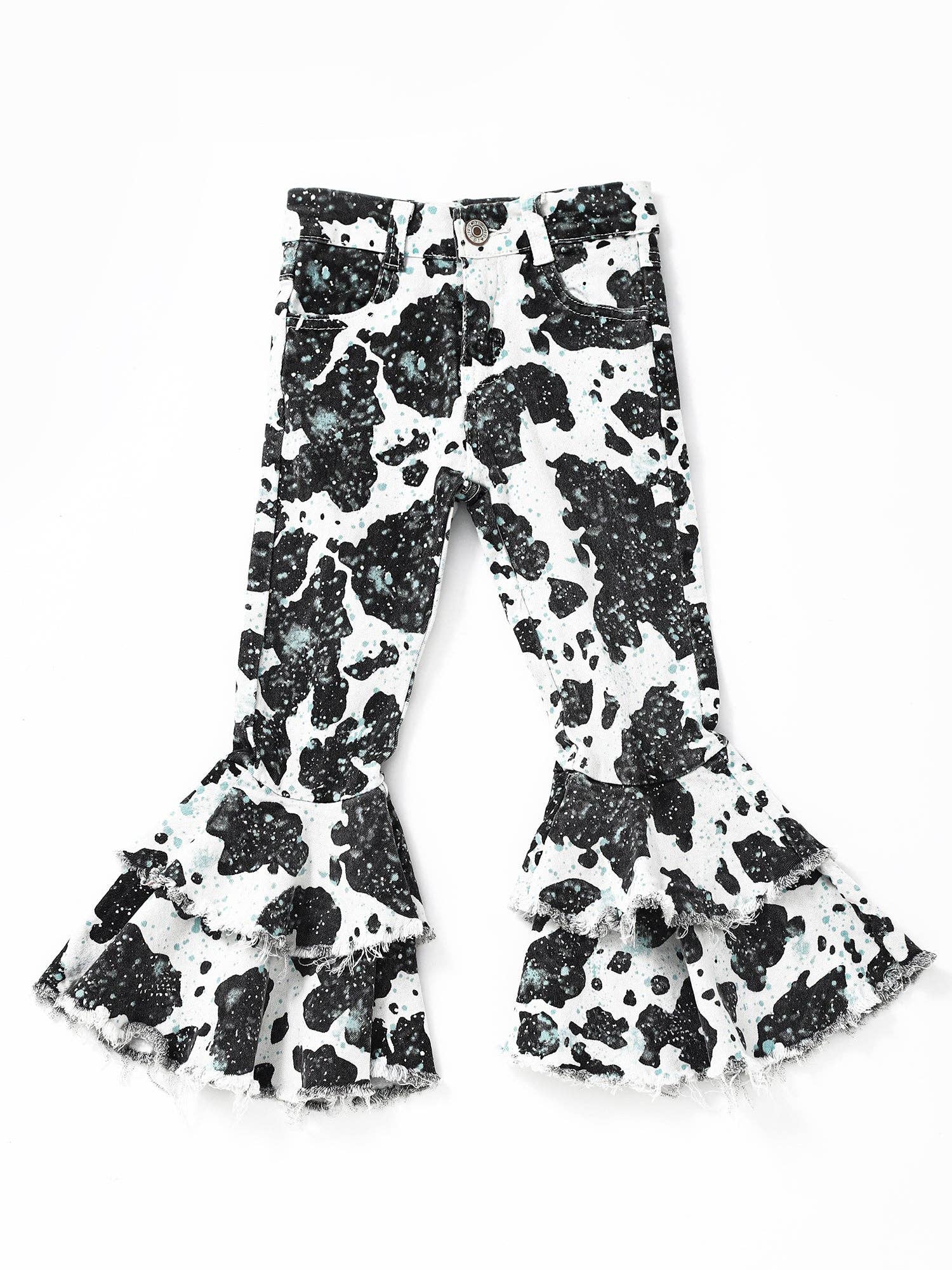 Turquoise Cow Print Girls Double Layer Jeans