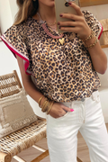 Leopard Ruffle Short Sleeve V Neck Top