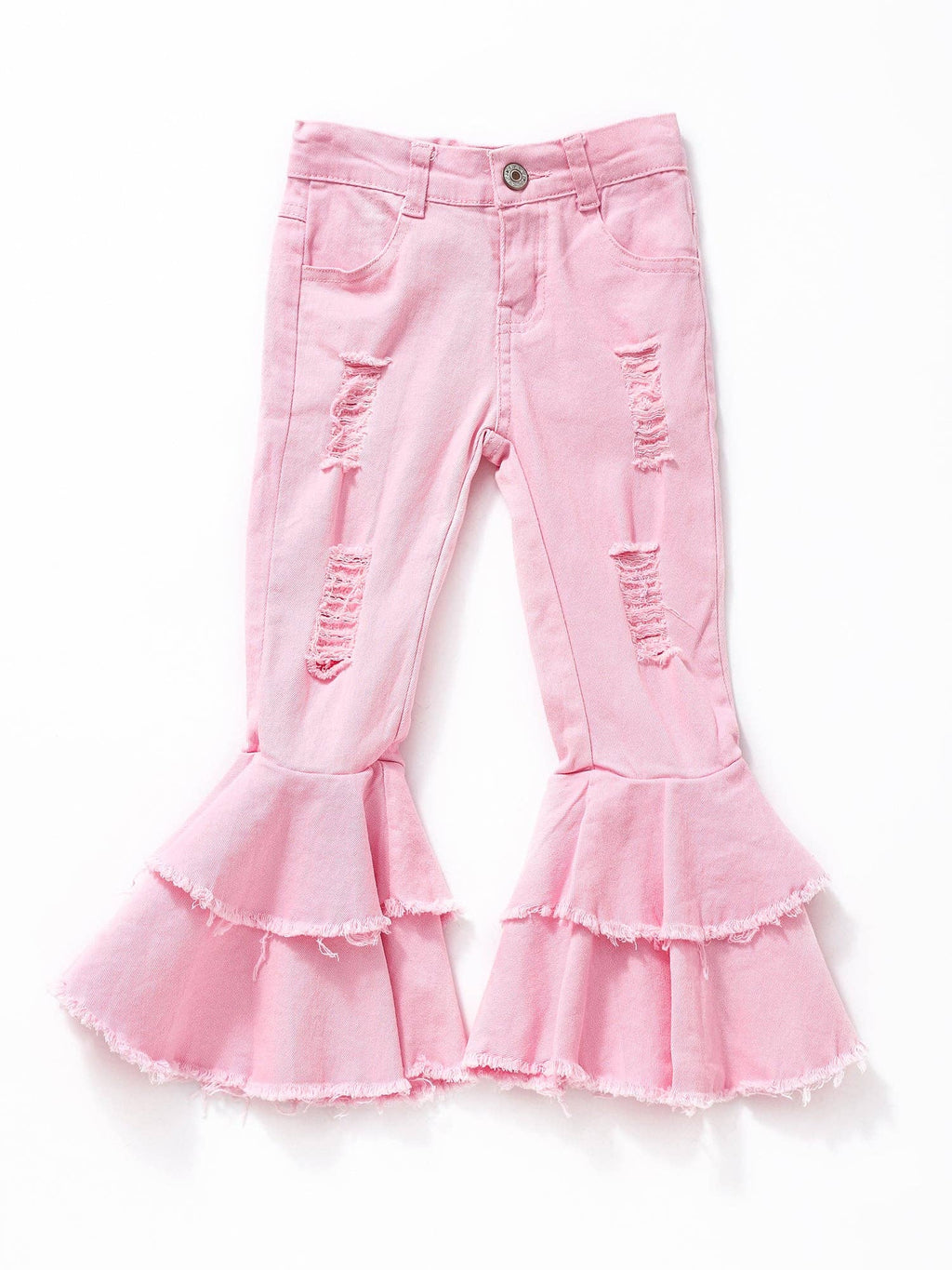 Pink Distressed Double Layer Girls Jeans