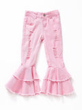 Pink Distressed Double Layer Girls Jeans