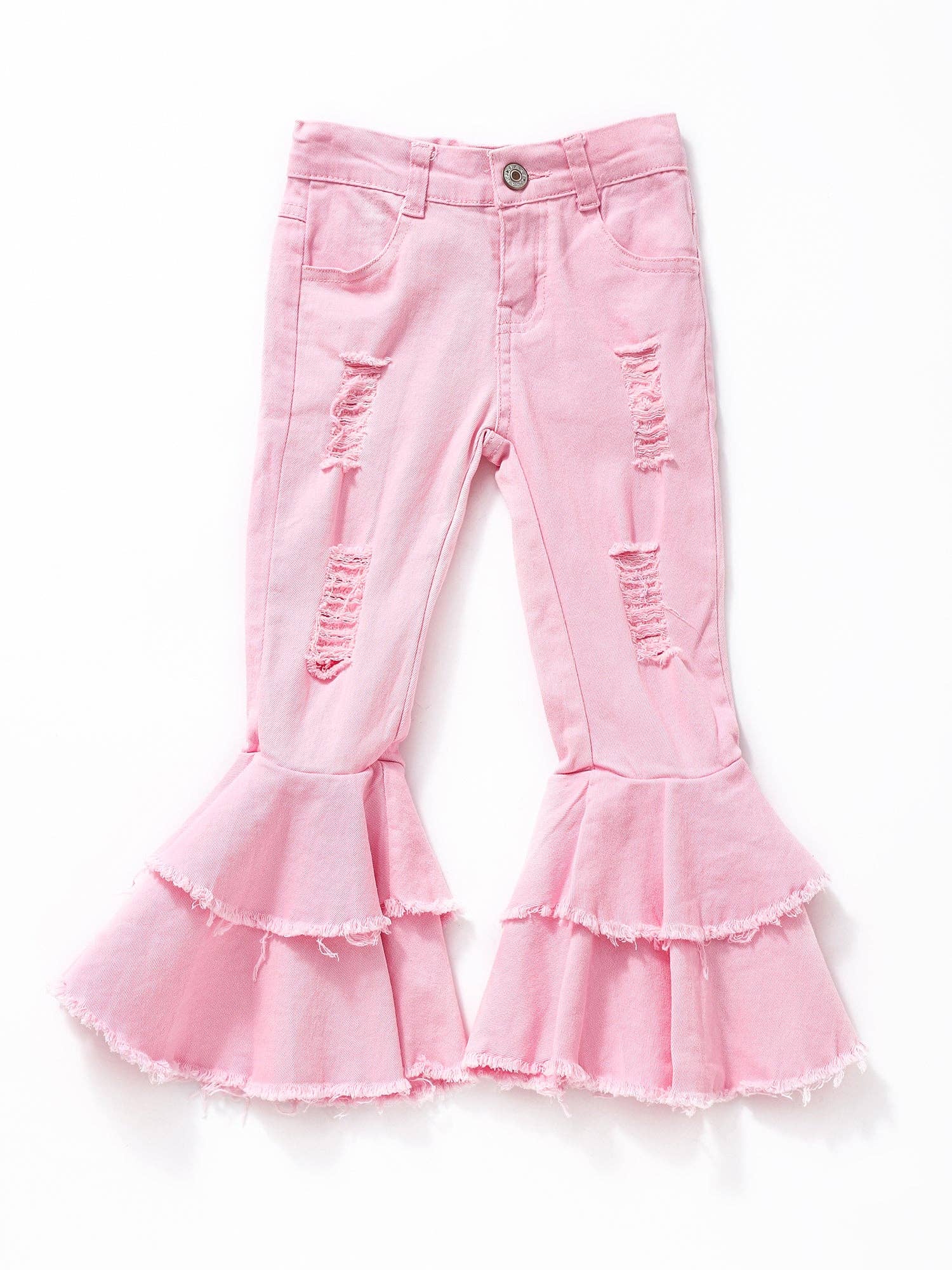 Pink Distressed Double Layer Girls Jeans