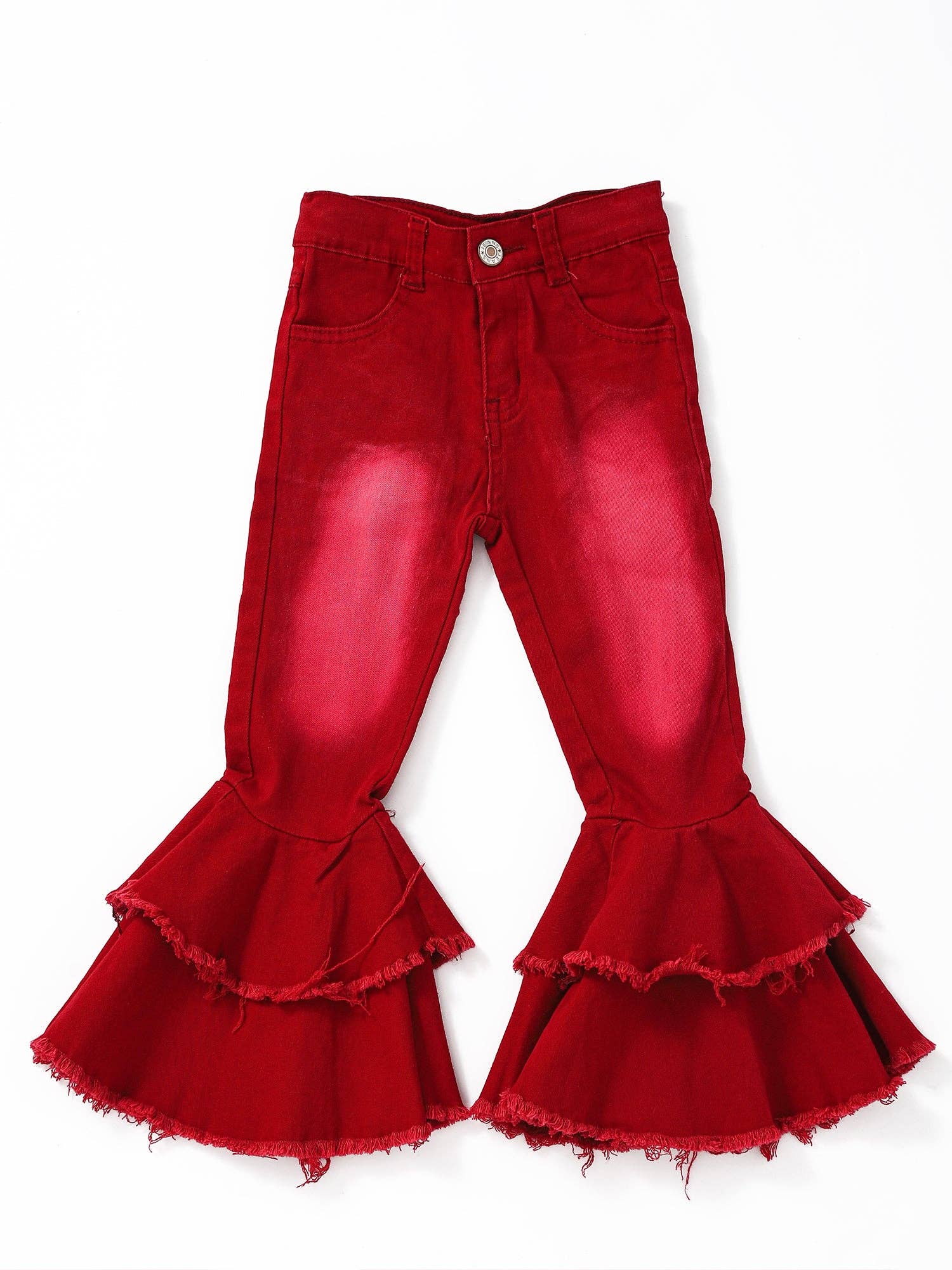 Red Washed Double Layer Girls Bell Bottom Jeans