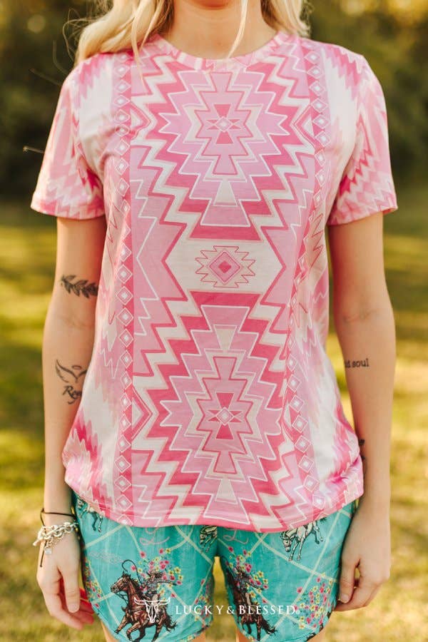 Soft Pink Pastel Aztec Printed Short Sleeve Shirt