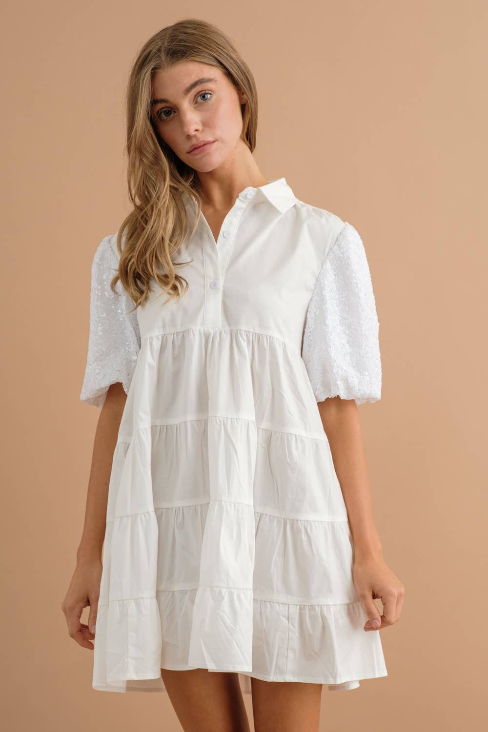 Sequin Puff Button Up Shirt Dress