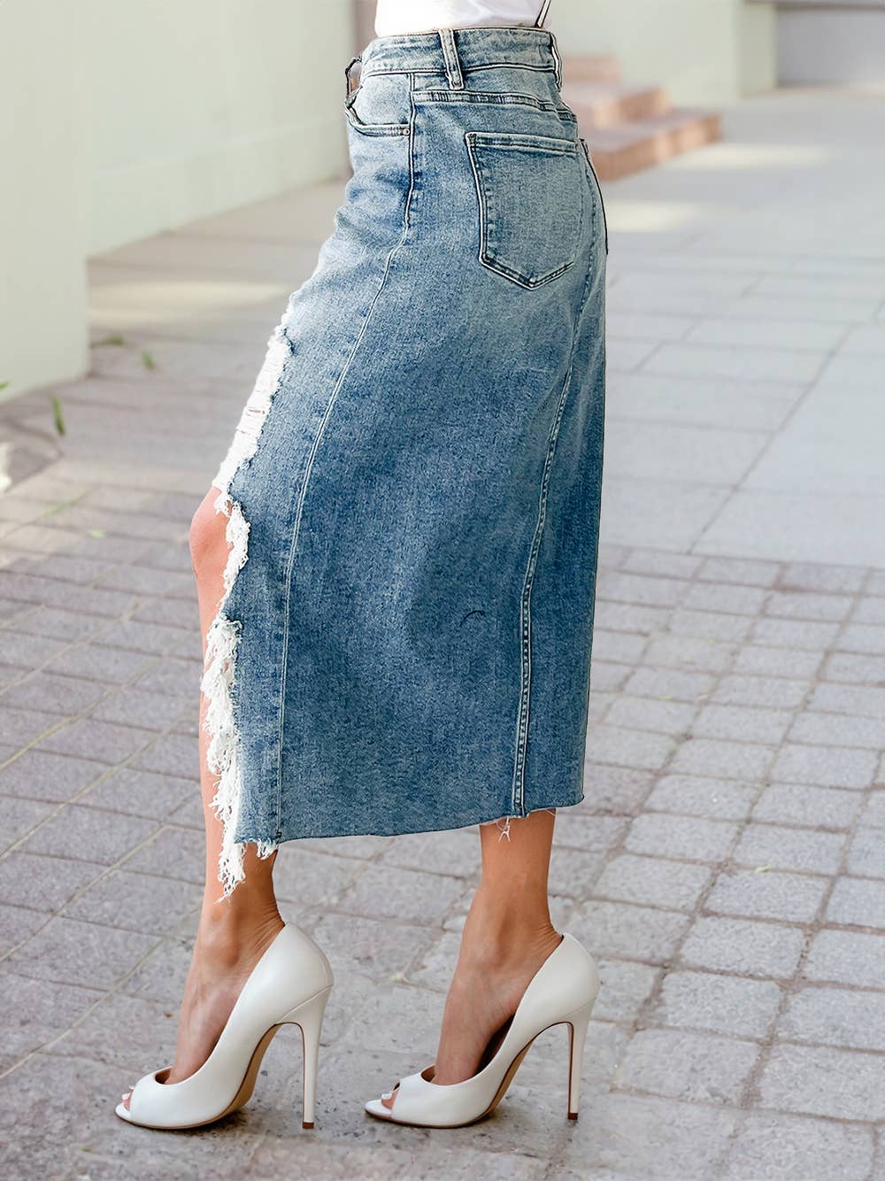 Distressed Bottom Denim Midi Skirt