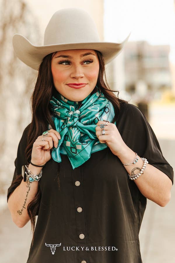 Teal Aztec Horse Printed Wild Rag