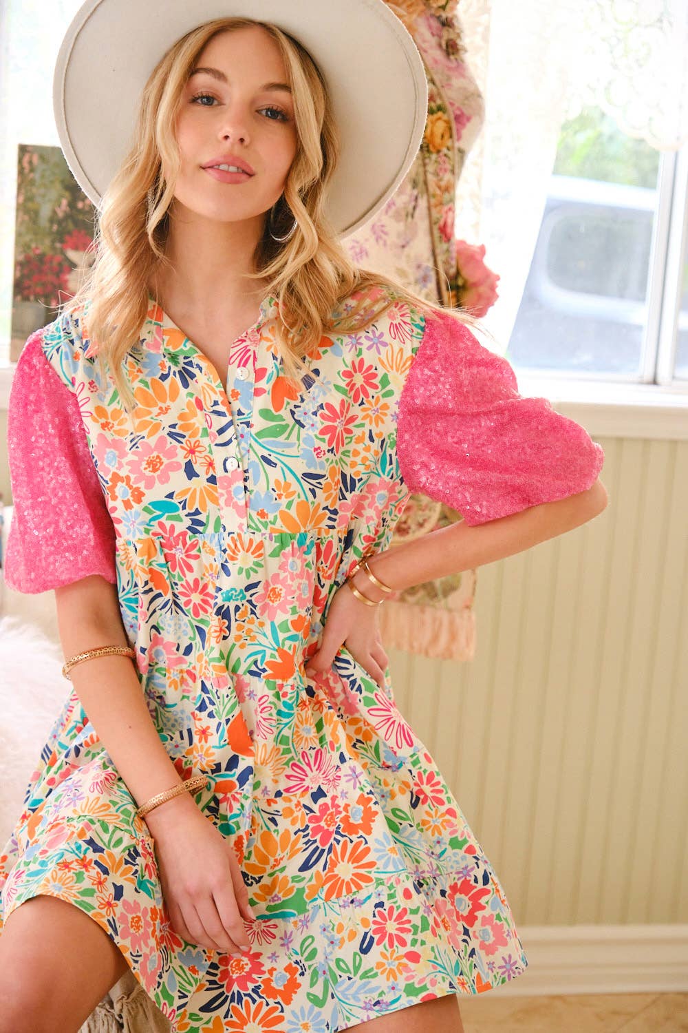 Floral Cotton Sequin Puff Dress