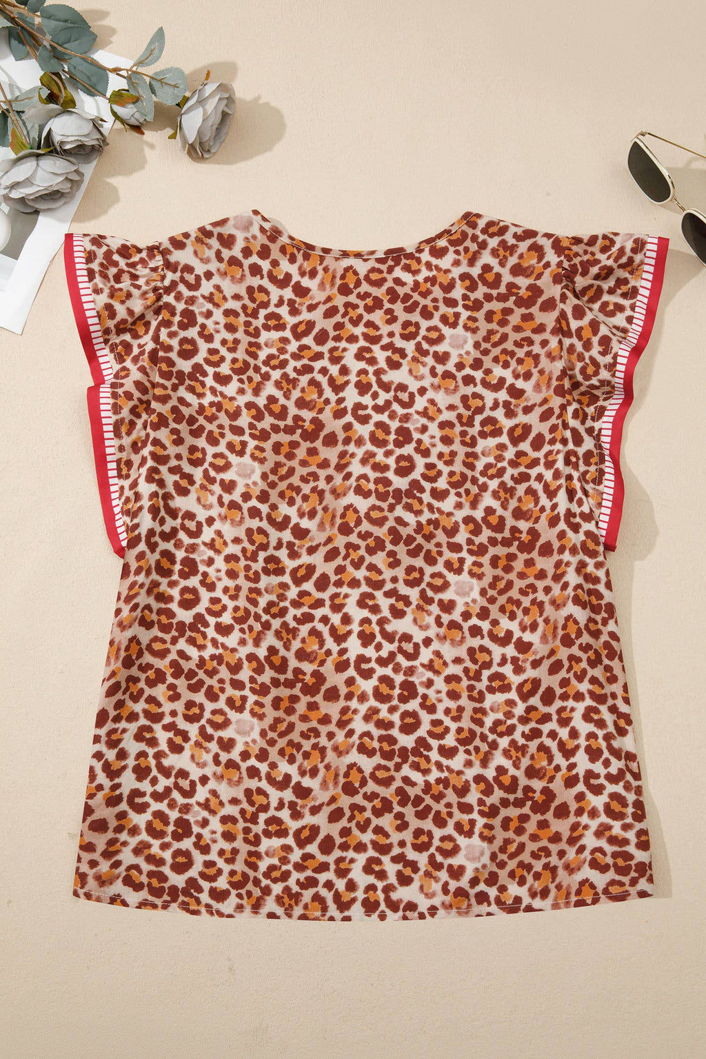 Leopard Ruffle Short Sleeve V Neck Top