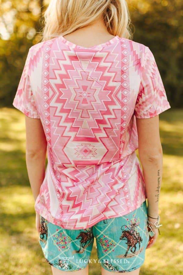 Soft Pink Pastel Aztec Printed Short Sleeve Shirt