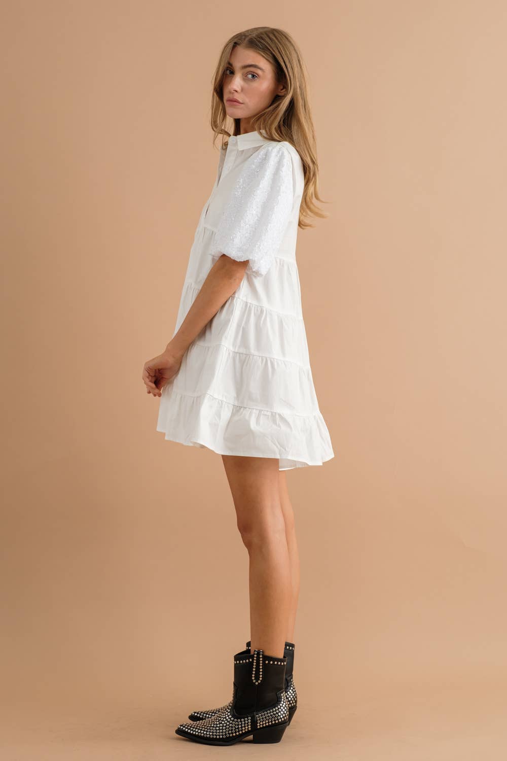 Sequin Puff Button Up Shirt Dress