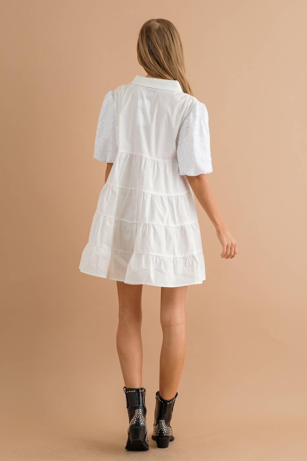 Sequin Puff Button Up Shirt Dress